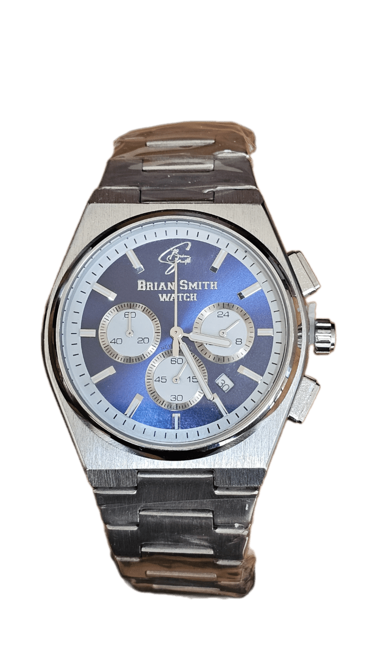 BRIAN SMITH - NEW YORK SILVER/BLUE STOPWATCH WATCH - 3184 BRIAN SMITH - NEW YORK SILVER/BLUE STOPWATCH WATCH - 3184